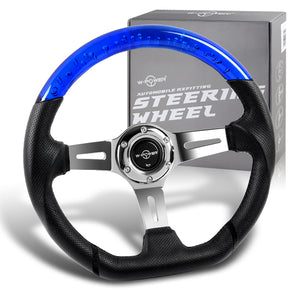 W-Power 13.5" 343mm 6-Bolt Hole JDM Euro VIP Style Blue Crystal Bubble With Black Leather Grip Aluminum Finished 3-Spoke 3 Inch Deep Dish Steering Wheel