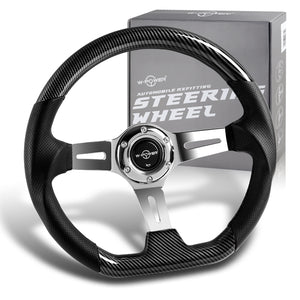 W-Power 13.5" 343mm 6-Bolt Hole JDM Euro VIP Style Carbon Fiber Look Wood Black Leather Grip With Aluminum Finished 3-Spoke 3 Inch Deep Dish Steering Wheel