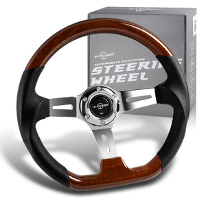 W-Power 13.5" 343mm 6-Bolt Hole JDM Euro VIP Style Dark Wood Black Leather Grip With Aluminum Finished 3-Spoke 3 Inch Deep Dish Steering Wheel