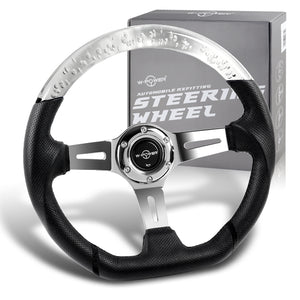 W-Power 13.5" 343mm 6-Bolt Hole JDM Euro VIP Style Clear Crystal Bubble With Black Leather Grip Aluminum Finished 3-Spoke 3 Inch Deep Dish Steering Wheel