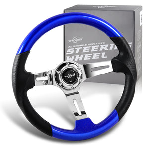 W-Power 13.5" 343mm 6-Bolt Hole JDM Euro VIP Style Pearl Wood Black Leather Grip With Aluminum Finished 3-Spoke 4 Inches Deep Dish Steering Wheel -Pearl Blue Wood