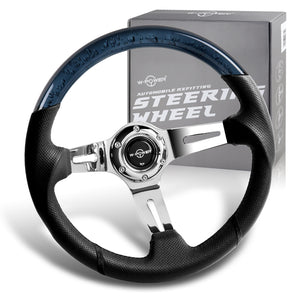 W-Power 13.5" 343mm 6-Bolt Hole JDM Euro VIP Style Crystal Bubble With Black Leather Grip Aluminum Finished 3-Spoke 4 Inches Deep Dish Steering Wheel