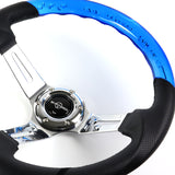 W-Power 13.5" 343mm 6-Bolt Hole JDM Euro VIP Style Blue Crystal Bubble With Black Leather Grip Aluminum Finished 3-Spoke 4 Inch Deep Dish Steering Wheel