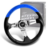 W-Power 13.5" 343mm 6-Bolt Hole JDM Euro VIP Style Blue Crystal Bubble With Black Leather Grip Aluminum Finished 3-Spoke 4 Inch Deep Dish Steering Wheel