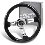 W-Power 13.5" 343mm 6-Bolt Hole JDM Euro VIP Style Carbon Fiber Look Wood Black Leather Grip With Aluminum Finished 3-Spoke 4 Inch Deep Dish Steering Wheel