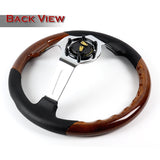 W-Power 13.5" 343mm 6-Bolt Hole JDM Euro VIP Style Dark Wood Black Leather Grip With Aluminum Finished 3-Spoke 4 Inch Deep Dish Steering Wheel