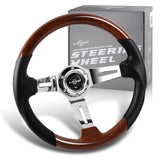 W-Power 13.5" 343mm 6-Bolt Hole JDM Euro VIP Style Dark Wood Black Leather Grip With Aluminum Finished 3-Spoke 4 Inch Deep Dish Steering Wheel