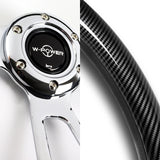 W-Power 13.5" 343mm 6-Bolt Hole JDM Euro VIP Style Carbon Fiber Look Style Leather Grip With Aluminum Finished 3-Spoke 2.5 Inch Deep Dish Steering Wheel -Chrome Center Spoke