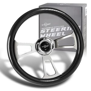 W-Power 13.5" 343mm 6-Bolt Hole JDM Euro VIP Style Carbon Fiber Look Style Leather Grip With Aluminum Finished 3-Spoke 2.5 Inch Deep Dish Steering Wheel -Chrome Center Spoke