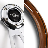 W-Power 13.5" 343mm 6-Bolt Hole Vintage Style Dark Wood With Billet Stripe Trim Grip Aluminum Finished 3-Spoke 2.5 Inch Deep Dish Steering Wheel -Chrome Center Spoke