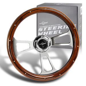 W-Power 13.5" 343mm 6-Bolt Hole Vintage Style Dark Wood With Billet Stripe Trim Grip Aluminum Finished 3-Spoke 2.5 Inch Deep Dish Steering Wheel -Chrome Center Spoke