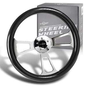 W-Power 18" 457mm 5-Bolt Hole Euro Vintage Style Carbon Fiber Look Style Grip With Aluminum Finished 3-Spoke 2.5 Inch Deep Dish Steering Wheel -Chrome Center Spoke