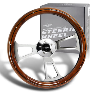 W-Power 18" Dark Wood Grip 5-Hole Aluminum Chrome 3-Spoke Vintage Steering Wheel