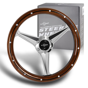 W-Power 14" 350mm 6-Bolt Hole Vintage Style Dark Wood With Billet Stripe Grip Aluminum Finished 3-Spoke Steering Wheel