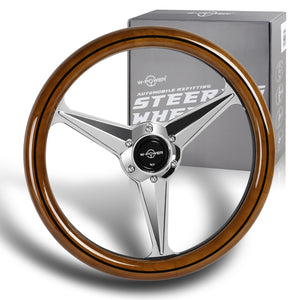 W-Power 14" 350mm 6-Bolt Hole Vintage Style Wood With Black Line Grip Aluminum Finished 3-Spoke Steering Wheel