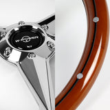 W-Power 14" 350mm 6-Bolt Hole Vintage Style Dark Wood Mahogany With Billet Stripe Grain Grip Aluminum Finished 3-Spoke Steering Wheel