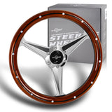 W-Power 14" 350mm 6-Bolt Hole Vintage Style Dark Wood Mahogany With Billet Stripe Grain Grip Aluminum Finished 3-Spoke Steering Wheel