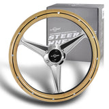 W-Power 14" 350mm 6-Bolt Hole Vintage Style Oak Wood With Billet Stripe Grip Aluminum Finished 3-Spoke Steering Wheel