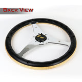 W-Power 14" 350mm 6-Bolt Hole Vintage Style Oak Wood With Black Line Grip Aluminum Finished 3-Spoke Steering Wheel