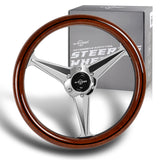 W-Power 14" 350mm 6-Bolt Hole Vintage Style Dark Wood Mahogany With Black Line Grain Grip Aluminum Finished 3-Spoke Steering Wheel