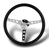 W-Power 15" 380mm 6-Bolt Hole JDM Euro VIP Style Classic Trim Grip With Aluminum Finished 3-Spoke 3 Inches Deep Dish Steering Wheel -Black Leather Grip With White Stitch/Chrome Center Spoke