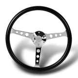 W-Power 15" 380mm 6-Bolt Hole JDM Euro VIP Style Classic Trim Grip With Aluminum Finished 3-Spoke 3 Inches Deep Dish Steering Wheel -Black Vinyl Wrap/Chrome Center Spoke