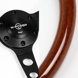 W-Power 15" 380mm 6-Bolt Hole JDM Euro VIP Style Classic Trim Grip With Aluminum Finished 3-Spoke 3 Inches Deep Dish Steering Wheel -Brown Wood Grain/Matte Black Center Spoke