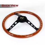 W-Power 15" 380mm 6-Bolt Hole JDM Euro VIP Style Classic Trim Grip With Aluminum Finished 3-Spoke 3 Inches Deep Dish Steering Wheel -Brown Wood Grain/Matte Black Center Spoke