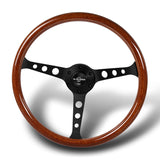 W-Power 15" 380mm 6-Bolt Hole JDM Euro VIP Style Classic Trim Grip With Aluminum Finished 3-Spoke 3 Inches Deep Dish Steering Wheel -Brown Wood Grain/Matte Black Center Spoke