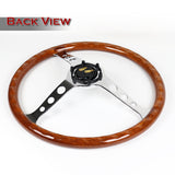 W-Power 15" 380mm 6-Bolt Hole JDM Euro VIP Style Classic Trim Grip With Aluminum Finished 3-Spoke 3 Inches Deep Dish Steering Wheel -Brown Wood Grain/Chrome Center Spoke