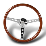 W-Power 15" 380mm 6-Bolt Hole JDM Euro VIP Style Classic Trim Grip With Aluminum Finished 3-Spoke 3 Inches Deep Dish Steering Wheel -Brown Wood Grain/Chrome Center Spoke