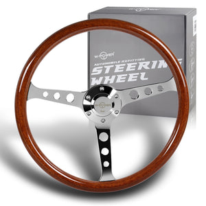 W-Power 15" 380mm 6-Bolt Hole JDM Euro VIP Style Classic Trim Grip With Aluminum Finished 3-Spoke 3 Inches Deep Dish Steering Wheel -Brown Wood Grain/Chrome Center Spoke