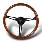 W-Power 15" 380mm 6-Bolt Hole JDM Euro VIP Style Classic Trim Grip With Aluminum Finished 3-Spoke 3 Inch Deep Dish Steering Wheel -Brown Wood Grain/Matte Black Center Spoke