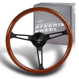 W-Power 15" 380mm 6-Bolt Hole JDM Euro VIP Style Classic Trim Grip With Aluminum Finished 3-Spoke 3 Inch Deep Dish Steering Wheel -Brown Wood Grain/Matte Black Center Spoke