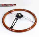 W-Power 15" 380mm 6-Bolt Hole JDM Euro VIP Style Classic Trim Grip With Aluminum Finished 3-Spoke 3 Inch Deep Dish Steering Wheel -Brown Wood Grain/Chrome Center Spoke