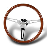 W-Power 15" 380mm 6-Bolt Hole JDM Euro VIP Style Classic Trim Grip With Aluminum Finished 3-Spoke 3 Inch Deep Dish Steering Wheel -Brown Wood Grain/Chrome Center Spoke