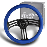 W-Power 14" 350mm 6-Bolt Hole Vintage Style Blue Leather Grip With Aluminum Finished 3-Spoke 3 Inches Deep Dish Steering Wheel -Black Center Spoke