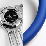 W-Power 14" 350mm 6-Bolt Hole Vintage Style Blue Leather Grip With Aluminum Finished 3-Spoke 3 Inches Deep Dish Steering Wheel -Chrome Center Spoke