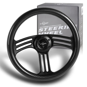 W-Power 14" 350mm 6-Bolt Hole Vintage Style Carbon Fiber Look Style Grain Grip With Aluminum Finished 3-Spoke 3 Inches Deep Dish Steering Wheel -Black Center Spoke