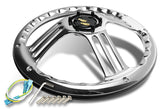 W-Power 14" 350mm 6-Bolt Hole Vintage Style Black Leather Grip With Aluminum Finished 3-Spoke 3 Inches Deep Dish Steering Wheel -Chrome Center Spoke