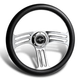 W-Power 14" 350mm 6-Bolt Hole Vintage Style Black Leather Grip With Aluminum Finished 3-Spoke 3 Inches Deep Dish Steering Wheel -Chrome Center Spoke