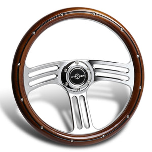 W-Power 350MM 14" Dark Wood Grip 6-Hole Chrome 3-Spoke Vintage Steering Wheel