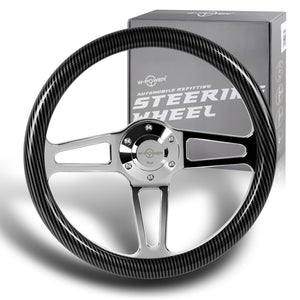 W-Power 14" 350mm 6-Bolt Hole Vintage Style Carbon Fiber Look Style Grain Grip With Aluminum Finished 3-Spoke Steering Wheel -Chrome Center Spoke