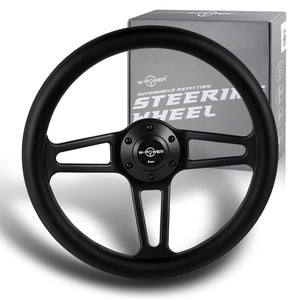 W-Power 14" 350mm 6-Bolt Hole Vintage Style Black Leather Grip With Aluminum Finished 3-Spoke Steering Wheel -Black Center Spoke