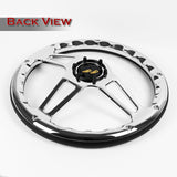 W-Power 14" 350mm 6-Bolt Hole Vintage Style Black Leather Grip With Aluminum Finished 3-Spoke Steering Wheel -Chrome Center Spoke