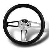 W-Power 14" 350mm 6-Bolt Hole Vintage Style Black Leather Grip With Aluminum Finished 3-Spoke Steering Wheel -Chrome Center Spoke