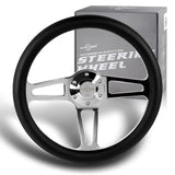 W-Power 14" 350mm 6-Bolt Hole Vintage Style Black Leather Grip With Aluminum Finished 3-Spoke Steering Wheel -Chrome Center Spoke