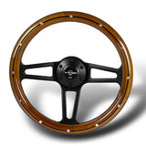 W-Power 14" 350mm 6-Bolt Hole Vintage Style Classic Dark Wood Grip With Billet Stripe Aluminum Finished 3-Spoke Steering Wheel -Black Center Spoke