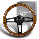 W-Power 14" 350mm 6-Bolt Hole Vintage Style Classic Dark Wood Grip With Billet Stripe Aluminum Finished 3-Spoke Steering Wheel -Black Center Spoke