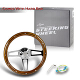 W-Power 14" 350mm 6-Bolt Hole Vintage Style Classic Dark Wood Grip With Billet Stripe Aluminum Finished 3-Spoke Steering Wheel -Chrome Center Spoke